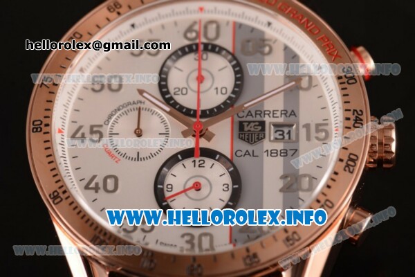 Tag Heuer Carrera Calibre 1887 Automatic Chronograph Miyota Quartz Rose Gold Case with White Dial Arabic Number Markers and Black Rubber Strap - Click Image to Close